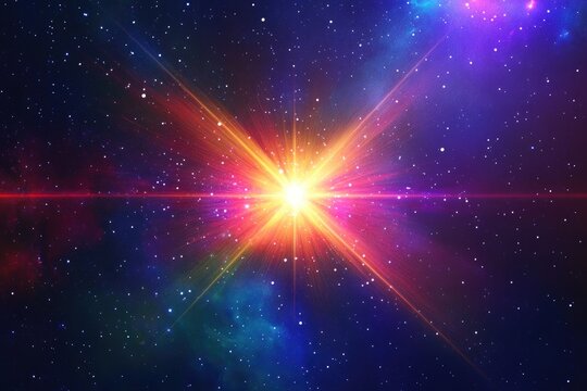 Vibrant star illuminating the depths of space with a colorful lens flare banner 3x1 3D illustration