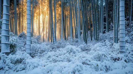 Snow-Covered Bamboo Forest in Kyoto's Sagano District at Sunset.