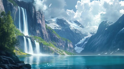 A beautiful mountain range with a waterfall and a lake