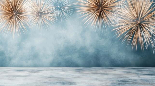 Stunning background featuring colorful fireworks against a soft blue haze, perfect for celebrations and festive occasions.