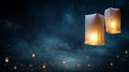 Two glowing lanterns hang against a starry night sky, illuminating the darkness with warm light and creating a serene atmosphere.