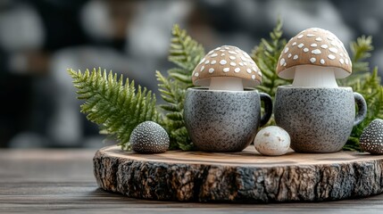 Fototapeta premium Unique composition of mushrooms in cups with vibrant ferns on a rustic wood plate, perfect for nature and culinary themes.