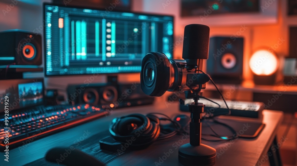 Poster A modern audio setup featuring a microphone, headphones, and computer for content creation.