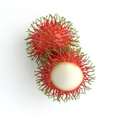 A close-up of two rambutan fruits showcasing their unique spiky exterior and juicy interior.