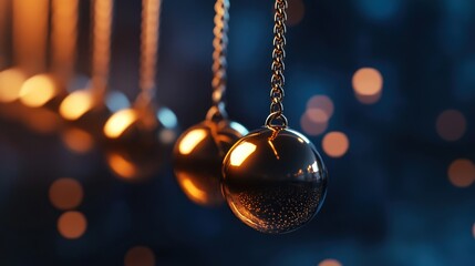 Close-up of metallic pendulum balls swinging in motion against a blurred colorful background, creating a mesmerizing visual effect.