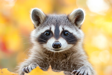 Fototapeta premium A raccoon is standing on a leafy branch and looking at the camera