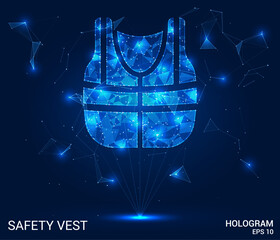 Hologram safety vest. Safety vest made of polygons, triangles, dots, and lines. Low-poly safety vest structure of connections. Technology concept vector.