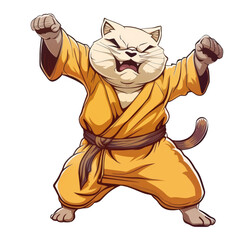 A cartoon cat wearing a yellow karate gi and a brown belt, with a fierce expression, stands in a fighting pose with fists raised.