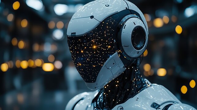 A humanoid robot with dotted connection lights demonstrates the synergy of modern technology and artificial intelligence in the workplace.