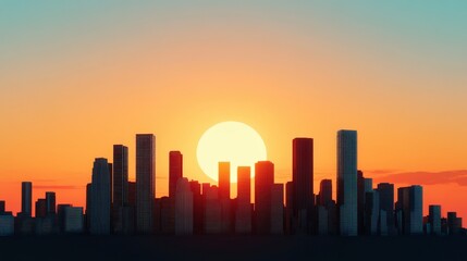 Silhouette of a city skyline at sunset with vibrant colors, creating a stunning contrast against the setting sun.