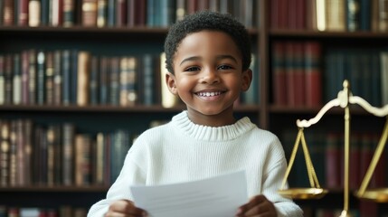 Cute dark skinned child smiling and holding court paper on table scales
