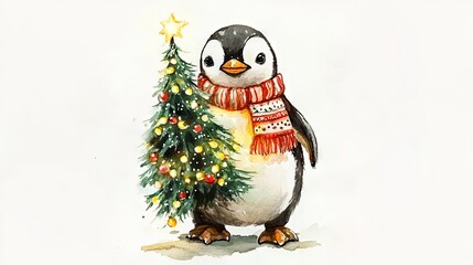 Obraz premium Watercolor illustration of a penguin holding a Christmas tree wrapped in glowing garland