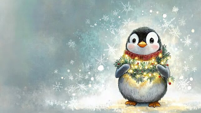 Watercolor illustration of a penguin holding a Christmas tree wrapped in glowing garland