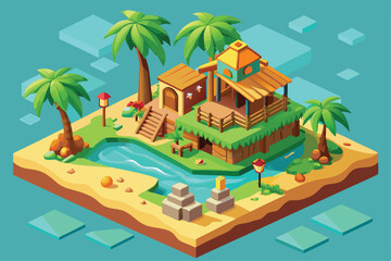 Obraz premium A vibrant tropical island setting featuring palm trees, a wooden house, and a winding stream under clear skies, Customizable isometric illustration of a tropical island.