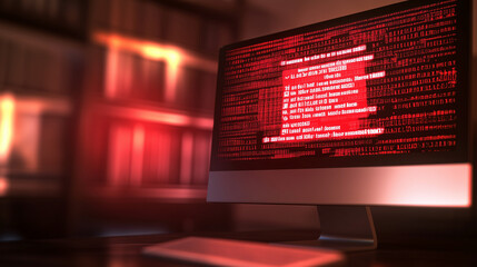 Computer screen showing red ransomware warning message in home office setting, highlighting cybersecurity threats and digital safety concerns