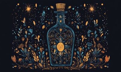 Fantasy elixir bottle in a mystical design featuring imaginative elements and magical motifs presented as a stylish line art illustration