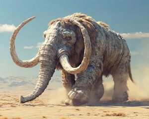 Obraz premium Fantasy colossal mammoth prancing across a dry desert landscape in a striking 3D illustration