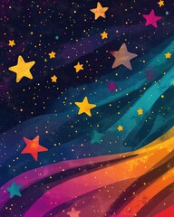 Fototapeta premium Vibrant multicolor 2D cartoon template featuring shining stars set in space Ideal design for advertisements posters and banners