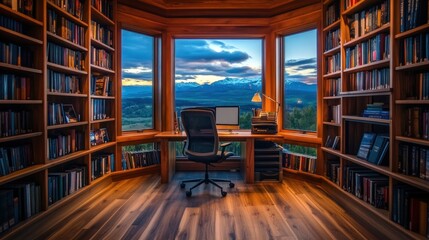Fototapeta premium Cozy home office with bookshelves and a scenic mountain view at sunset.