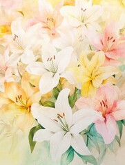 Obraz premium Delicate watercolor floral background featuring soft lilies in shades of white pink and yellow complemented by lush green hues creating a vibrant and textured artistic design