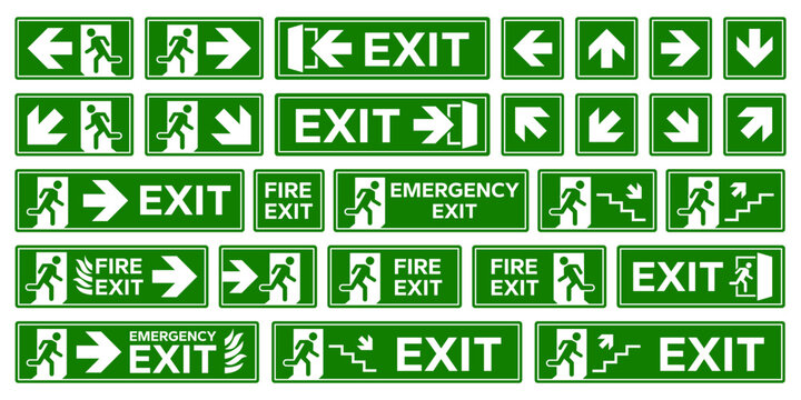 Emergency exit sign set. Man running out fire exit. Running man and exit door sign. Escape help evacuation. Safety vector symbol.