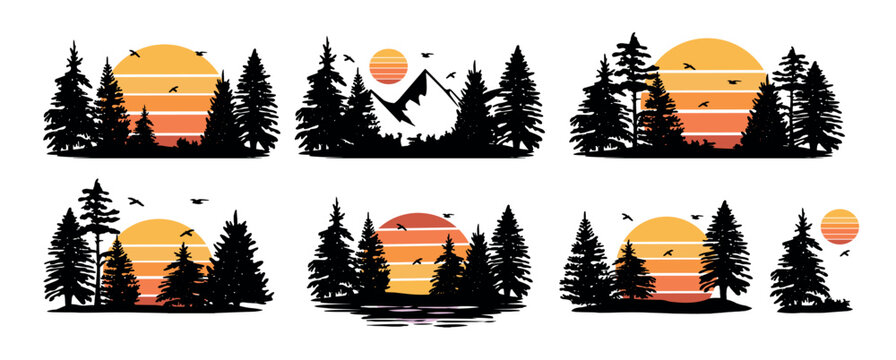 forest landscape with fir trees and orange sun vector silhouette set. forest landscape vector silhouette.forest silhouette vector 