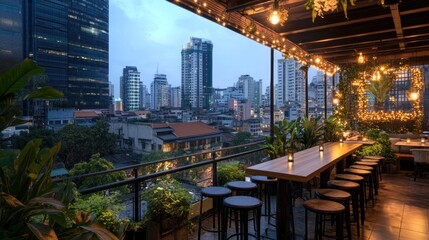 Rooftop bar with city skyline, fairy lights, and plants, creating a cozy atmosphere.
