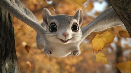 A cheerful cartoon squirrel with large eyes, surrounded by autumn leaves.