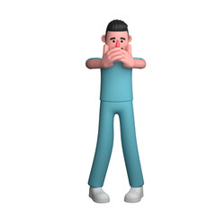 Male Nurse Healthcare Professional. A male nurse is standing with both hands holding his mouth. 3D Cartoon