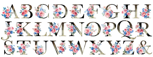 Obraz premium Alphabet with watercolor pink and blue roses, wedding monograms