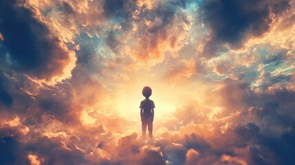 A solitary boy in a dreamlike sky surrounded by imaginative clouds A conceptual artwork reflecting themes of freedom hope growth and happiness in childhood