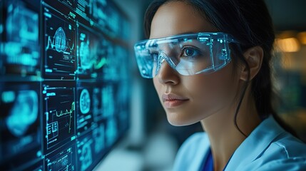 A medical worker uses virtual technology with healthcare icons, illustrating telemedicine, virtual hospitals, and advanced health insurance business models.