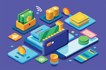 This illustration features a customizable e-wallet amid cash, coins, and transaction icons in a vibrant design, Customizable isometric illustration of an e-wallet.