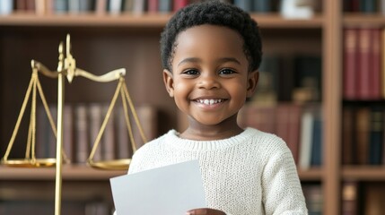 Cute dark skinned child smiling and holding court paper on table scales