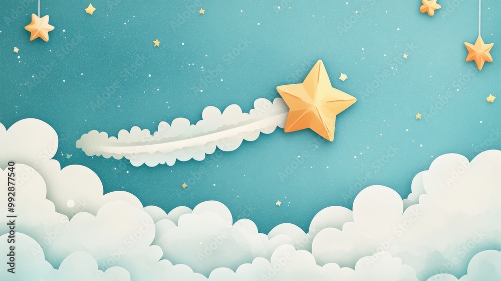 Wall mural whimsical cartoon illustration featuring a shooting star amidst clouds with charming decorative elem