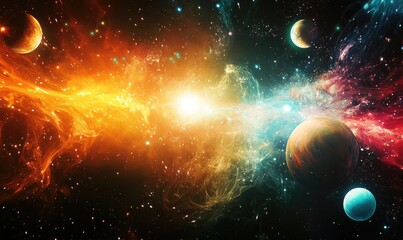 Obraz premium Abstract multicolor background featuring distant planets and cosmic elements Glossy star explosion with intricate lines creates a stunning visual representation of the universe