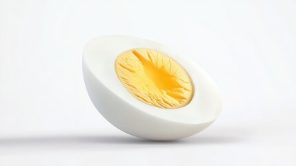 A close-up of a perfectly boiled egg cut in half, showcasing the bright yellow yolk against a white background.