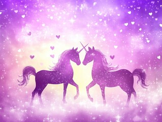 Naklejka premium Fantasy unicorns against an abstract backdrop filled with stars and hearts A shimmering purple rainbow sky with glitter A whimsical pastel themed 2D cartoon illustration