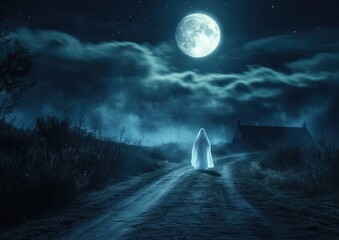Fototapeta premium Ghostly Figure Roaming Under Moonlit Sky