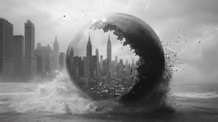 A surreal cityscape within a reflective orb amidst crashing waves.