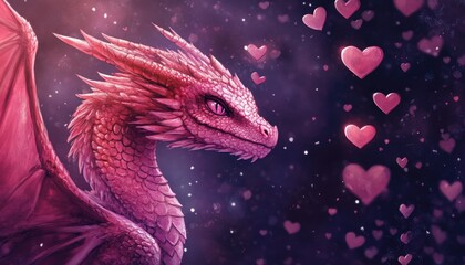 Obraz premium Fantasy illustration featuring a pink dragon against a dark backdrop adorned with hearts
