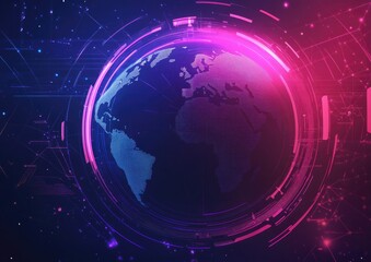 Fototapeta premium Global technology network featuring a circular neon light effect in a 2D cartoon style background