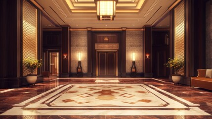 Obraz premium Elegant lobby with polished floors, decorative plants, and ambient lighting.