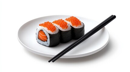 Salmon Sushi Roll with Caviar: Close-up of a delicious salmon sushi roll with caviar, presented on a white plate with chopsticks.