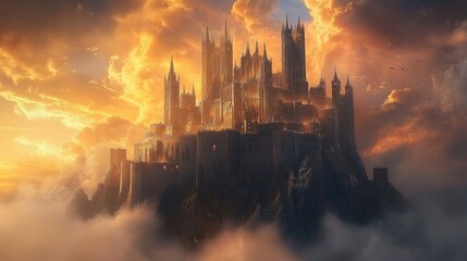 Fototapeta premium Fantasy medieval castle with towering structures and intricate architectural details set against a dramatic sky