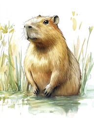 Adorable capybara in a charming watercolor illustration showcasing the beauty and charm of this delightful animal