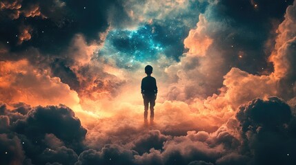 Obraz premium A solitary boy in a dreamlike sky surrounded by imaginative clouds A conceptual artwork reflecting themes of freedom hope growth and happiness in childhood