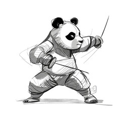 Fototapeta premium A cartoon panda wearing a black and white martial arts uniform, with a sword in each hand, in a fighting pose.