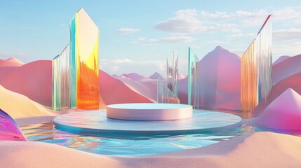 Surreal 3D rendering of a vibrant landscape featuring a circular podium in water surrounded by colorful sand and abstract glass shapes evoking a futuristic fantasy atmosphere