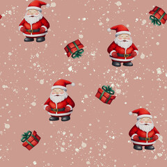 Seamless Christmas Pattern featuring Santa, gifts, Christmas tree, festive stockings, snowflakes, and wintery snow. Capturing the joyful holiday spirit and New Year's magic in every detail